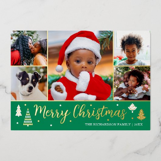 Gouden Kerstboom Custom Photo Green Luxury Folie Feestdagenkaart (Voorkant)