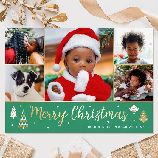 Gouden Kerstboom Custom Photo Green Luxury Folie Feestdagenkaart