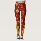 Gouden kerstboom en gouden sneeuwvlokken op rood leggings (Voorkant)