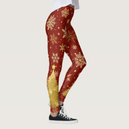 Gouden kerstboom en gouden sneeuwvlokken op rood leggings