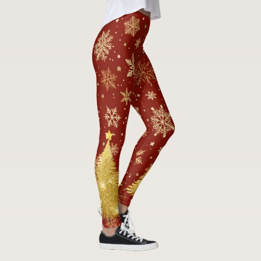 Gouden kerstboom en gouden sneeuwvlokken op rood leggings (Rechts)