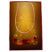 Gouden kerstboom met lantaarns en strikken medium cadeauzakje (Voorkant)