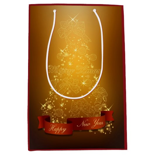 Gouden kerstboom met lantaarns en strikken medium cadeauzakje (Voorkant)