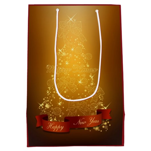 Gouden kerstboom met lantaarns en strikken medium cadeauzakje (Achterkant)