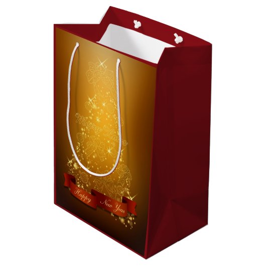 Gouden kerstboom met lantaarns en strikken medium cadeauzakje (Achterkant Gekanteld)