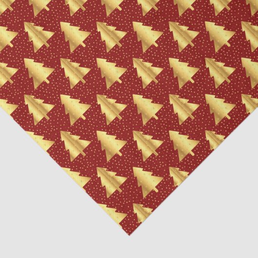 Gouden Kerstboom Naadloos Patroon op Rood Tissuepapier (Detail)