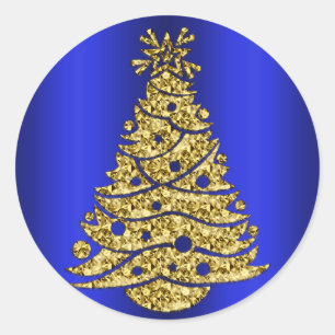 Gouden kerstboom op blauw ronde sticker