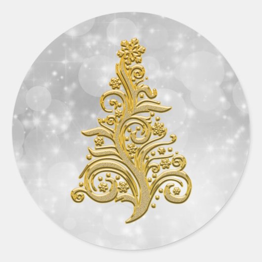 Gouden kerstboom op een zilveren achtergrond ronde sticker (Voorkant)