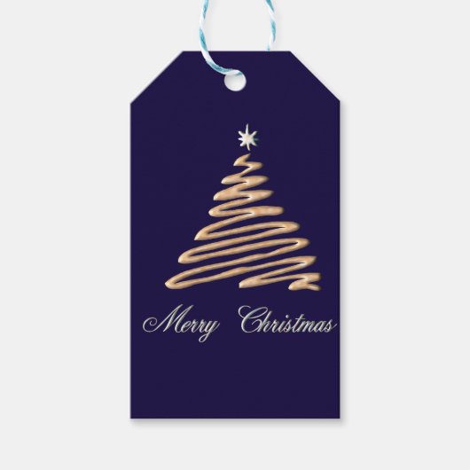 Gouden Kerstboom op Marine achtergrond Cadeaulabel (Voorkant)