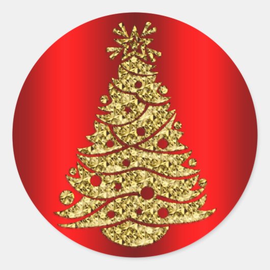 Gouden kerstboom op rood ronde sticker (Voorkant)
