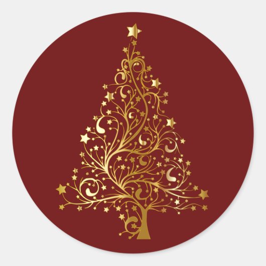 Gouden kerstboom op rood ronde sticker (Voorkant)