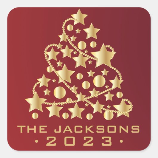 Gouden kerstboom op rood vierkante sticker (Voorkant)