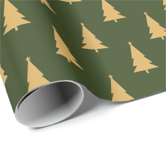 Gouden kerstboom patroon op groen cadeaupapier (Rol Hoek)