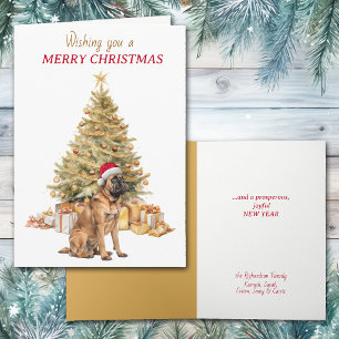 Gouden Kerstboom Santa Hoed Mastiff Hond Kerstkaar Feestdagen Kaart