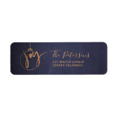 Gouden kerstboom Wereldbol Joy Script op Navy Blue Etiket (Voorkant)