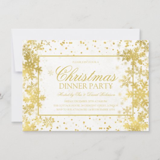 Gouden Kerstdiner Feest Winter Sneeuwvlokken Kaart (Voorkant)