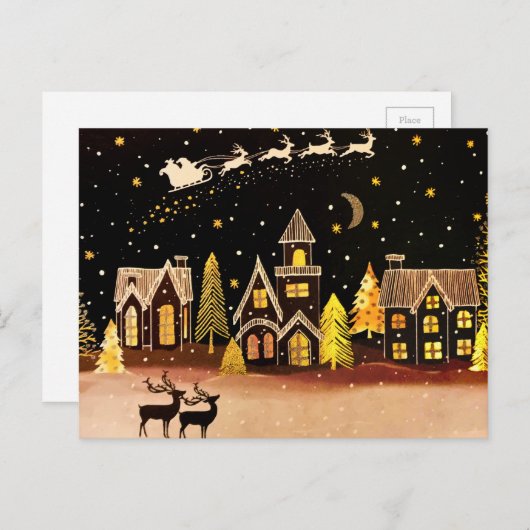 Gouden kerstdorp Deer Winter Night Briefkaart (Voorkant / Achterkant)