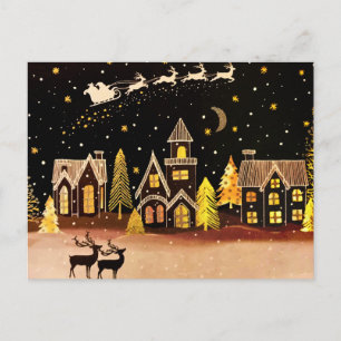 Gouden kerstdorp Deer Winter Night Briefkaart