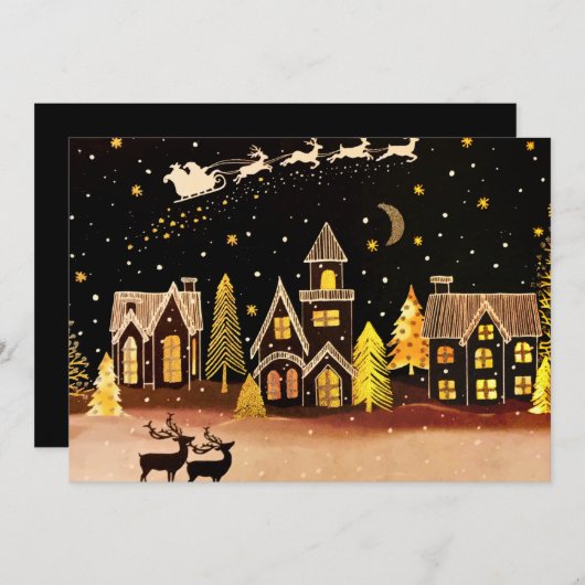 Gouden kerstdorp Deer Winter Night Feestdagenkaart (Voorkant / Achterkant)
