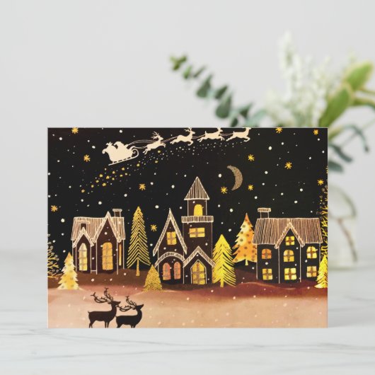 Gouden kerstdorp Deer Winter Night Feestdagenkaart (Staand voorkant)
