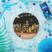 Gouden kerstdorp Deer Winter Night Papieren Bordje (Feest)