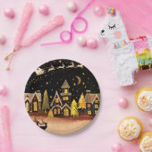 Gouden kerstdorp Deer Winter Night Papieren Bordje (Feest)