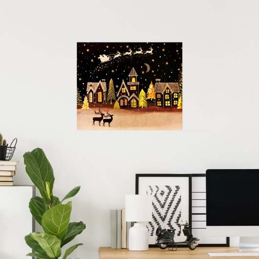 Gouden kerstdorp Deer Winter Night Poster (Thuiskantoor)