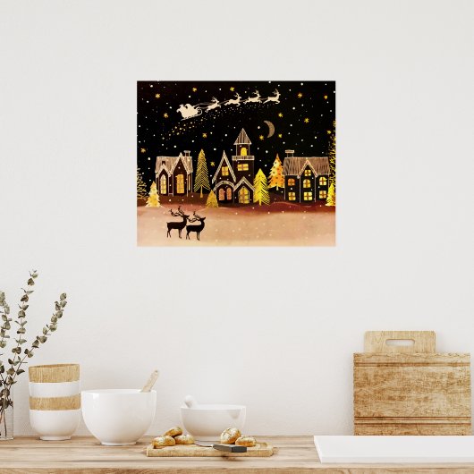 Gouden kerstdorp Deer Winter Night Poster (Keuken)