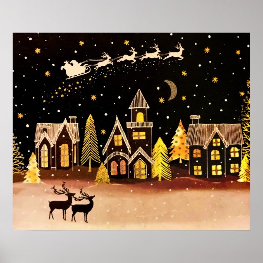 Gouden kerstdorp Deer Winter Night Poster (Voorkant)