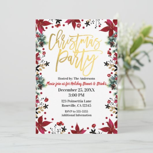 Gouden Kerstfeest Poinsettia Vakantie Bloemen Kaart (Staand voorkant)