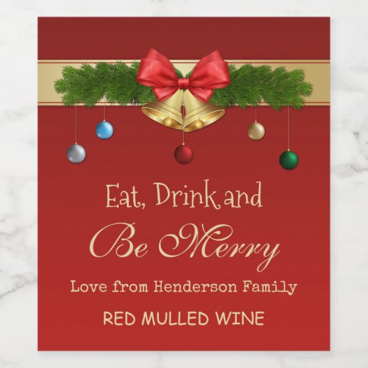 Gouden Kerstklokken, bubbels en sparren Wijn Etiket (Enkel label)