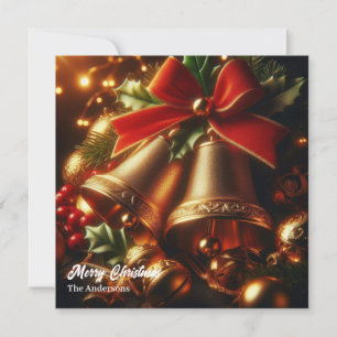  gouden kerstklokken en Holly Berry Feestdagenkaart