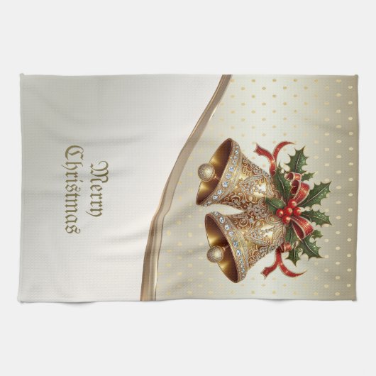 Gouden kerstklokken vakantie keukenhanddoek (Horizontaal)