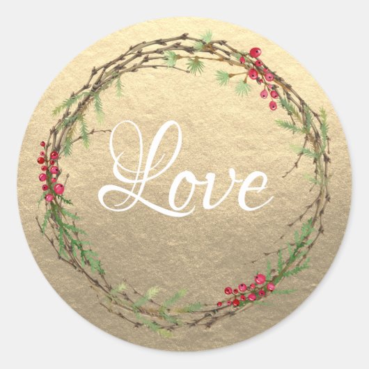 Gouden Kerstkrans Liefde Ronde Sticker (Voorkant)