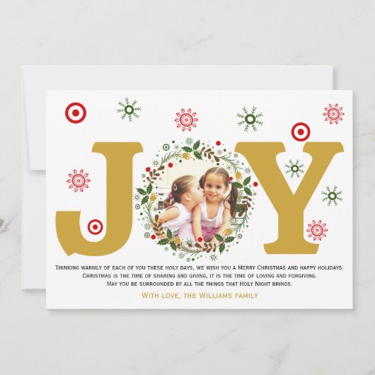 Gouden Kerstkrans met foto van bloemen Feestdagenkaart (Voorkant)