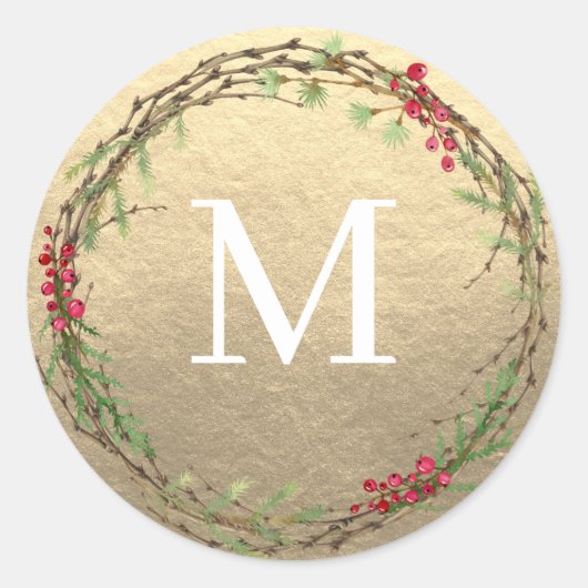 Gouden Kerstkrans Monogramzegel Ronde Sticker (Voorkant)