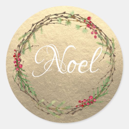 Gouden Kerstkrans Noel Ronde Sticker (Voorkant)