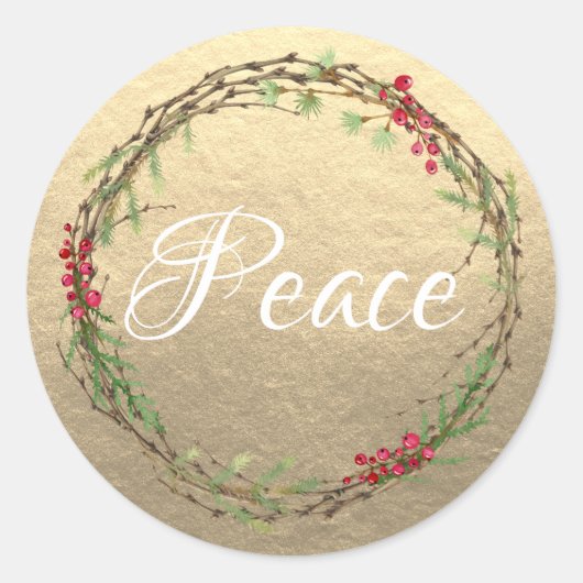 Gouden Kerstkrans Vrede Ronde Sticker (Voorkant)