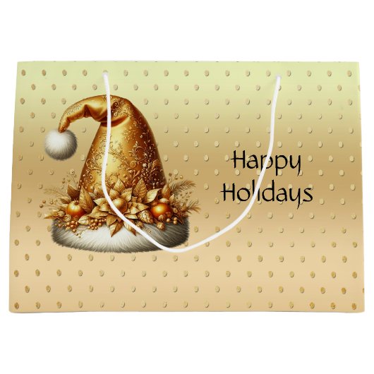Gouden Kerstman Hoed Kerstvakantie Gift Bag Groot Cadeauzakje (Voorkant)