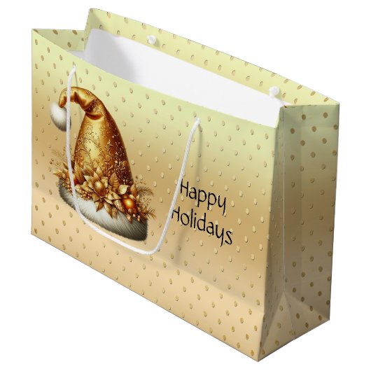 Gouden Kerstman Hoed Kerstvakantie Gift Bag Groot Cadeauzakje (Voorkant Gekanteld)
