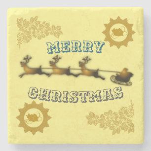 Gouden Kerstman slee Merry Christmas Vintage Steen Stenen Onderzetter