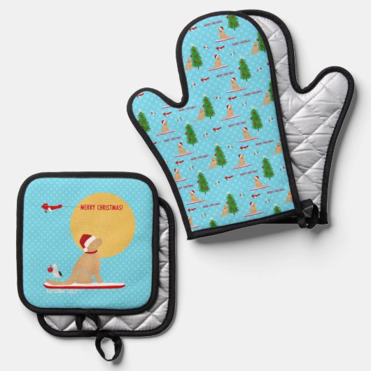 Gouden Kerstmis Blauw Strand Dag Oven Mitt Set (Voorkant / Achterkant)
