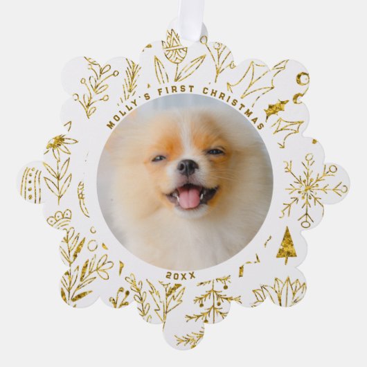 Gouden Kerstmis Bloemen Pet's Eerste Kerstmis Foto Ornament Kaart (Voorkant)