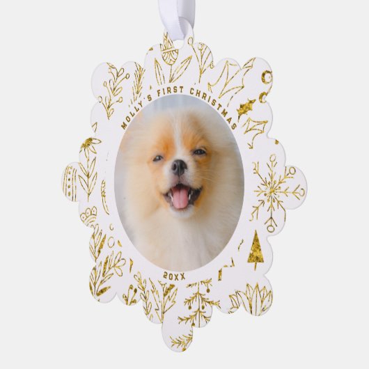 Gouden Kerstmis Bloemen Pet's Eerste Kerstmis Foto Ornament Kaart (Links)