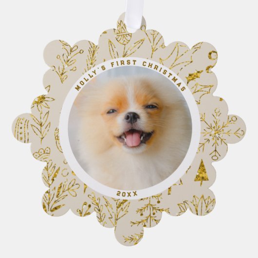 Gouden Kerstmis Bloemen Pet's Eerste Kerstmis Foto Ornament Kaart (Voorkant)