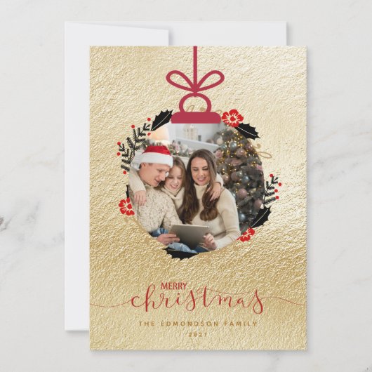 Gouden Kerstmis Foto Ornament Kaart (Voorkant)