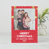 Gouden Kerstmis Foto Rode Vakantie Feestdagenkaart (Staand voorkant)