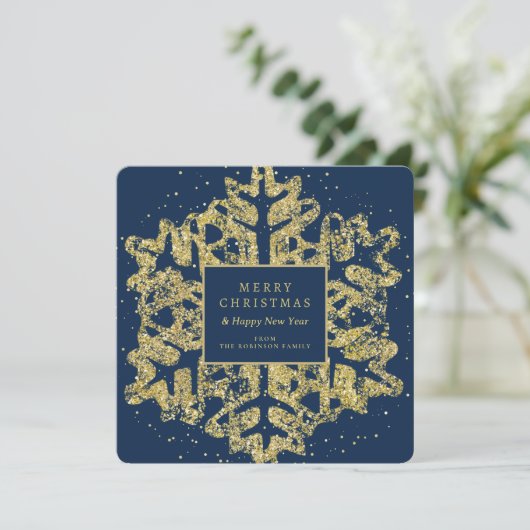 Gouden Kerstmis Glitter Sneeuwvlok Familie Marine Feestdagenkaart (Staand voorkant)