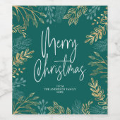 Gouden Kerstmis Groen op Blauwgroen Wijn Etiket (Enkel label)