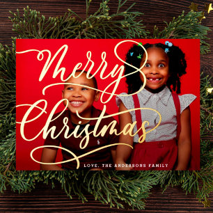Gouden Kerstmis Kerst Lettering Familie Foto Folie Feestdagenkaart